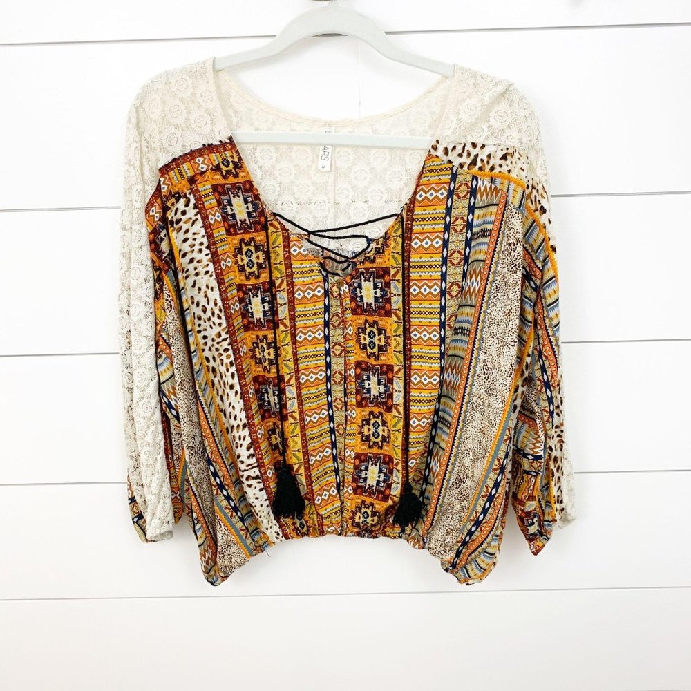 Lapis Boho Print and Lace Top - Picture 1 of 4